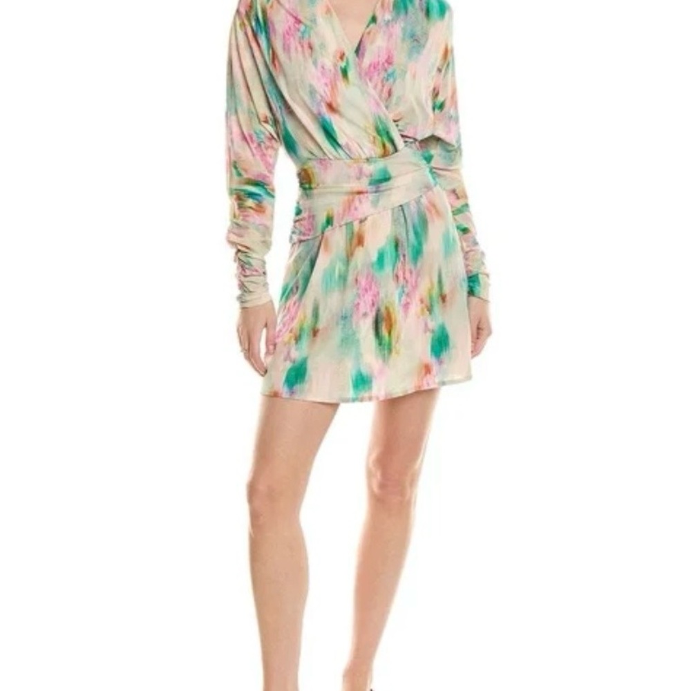 IRO Pastel Watercolor Wrap Mini Dress in Cream, Teal, and Pink